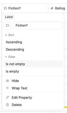 Sorting and filtering a table column from its header menu