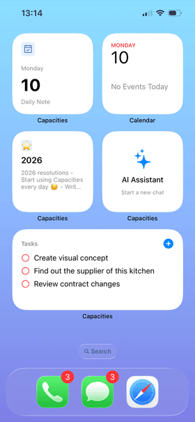Capacities widgets on the Home Screen