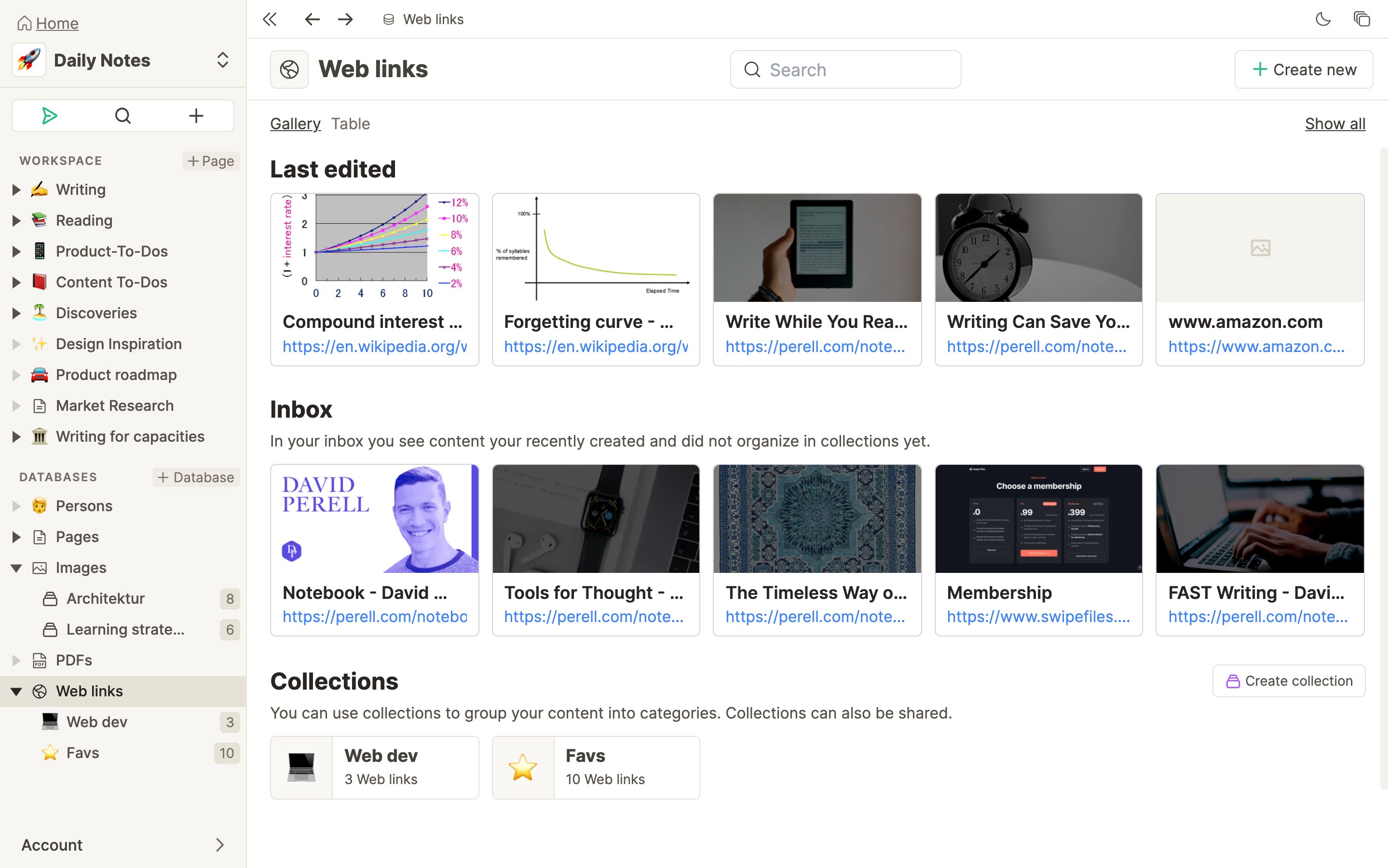 Database dashboard – sections