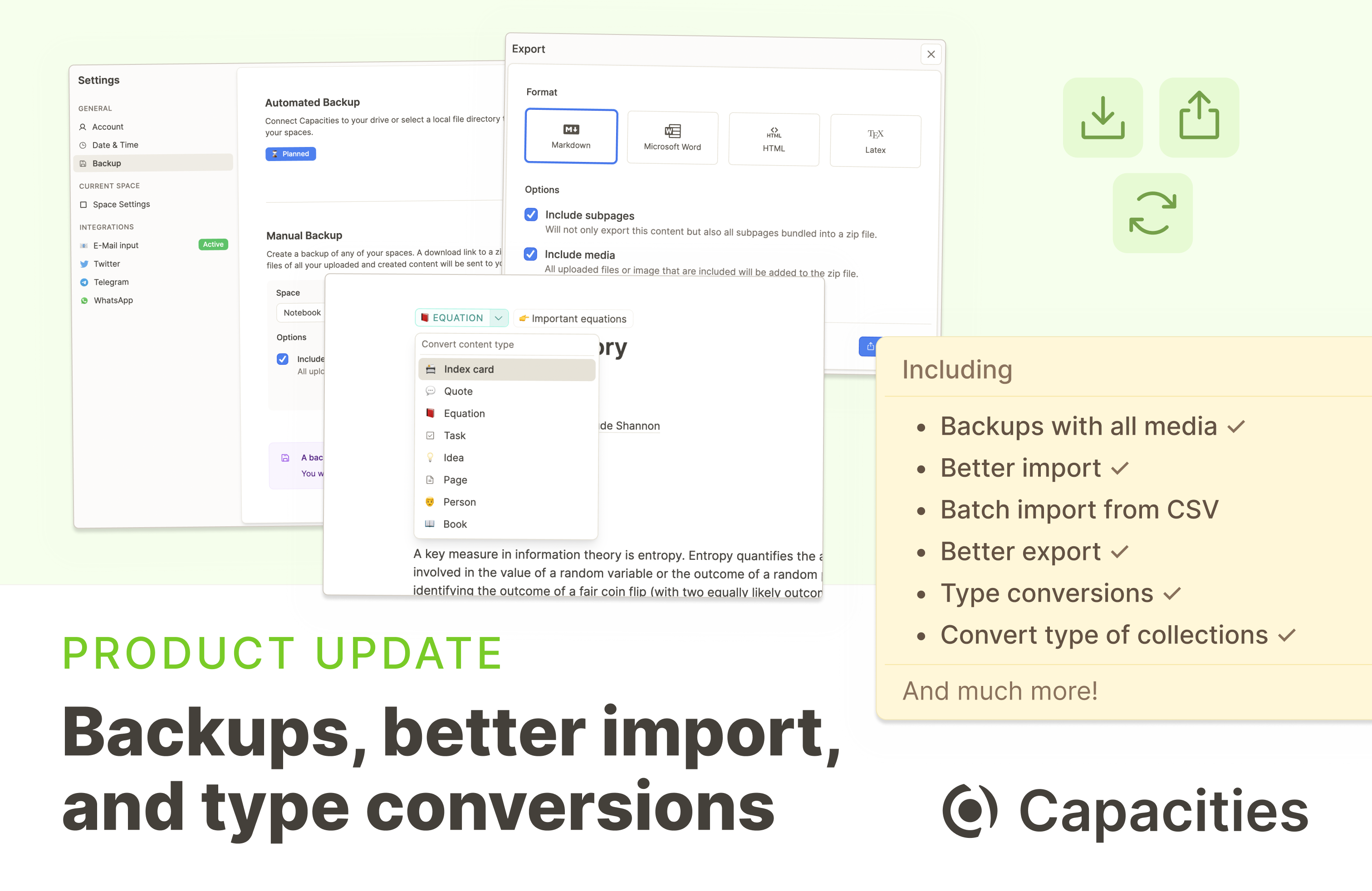 Backups, better import, and type conversions