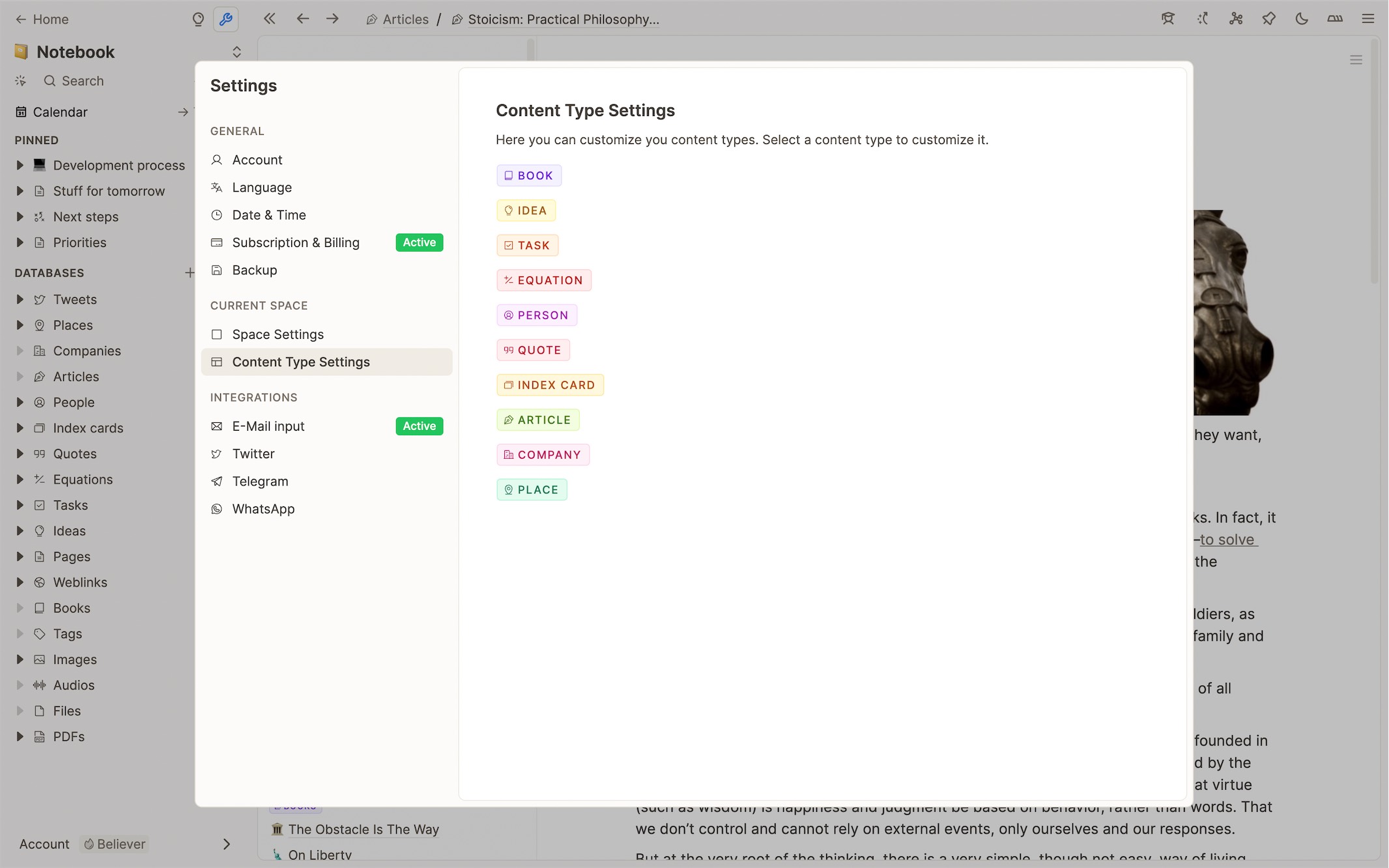 Object type settings overview