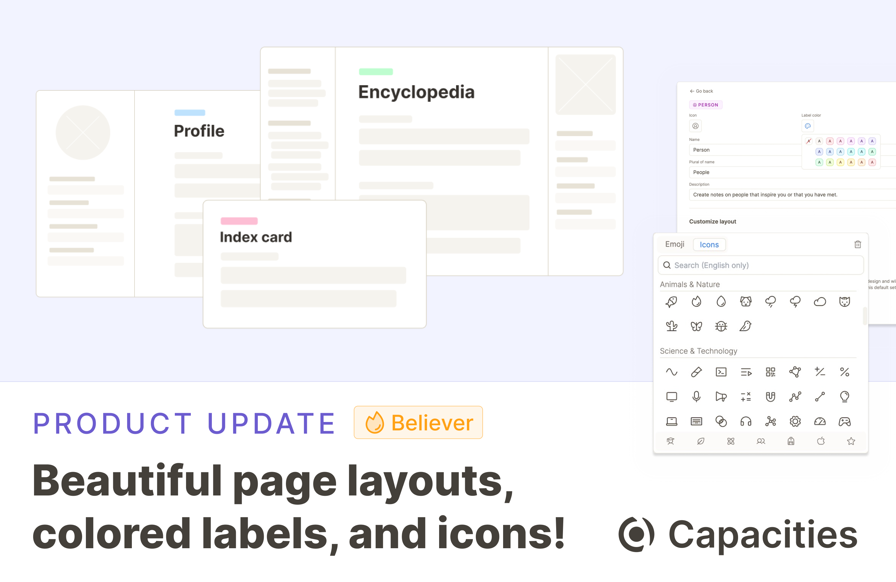Beautiful page layouts, colored labels, and icons!