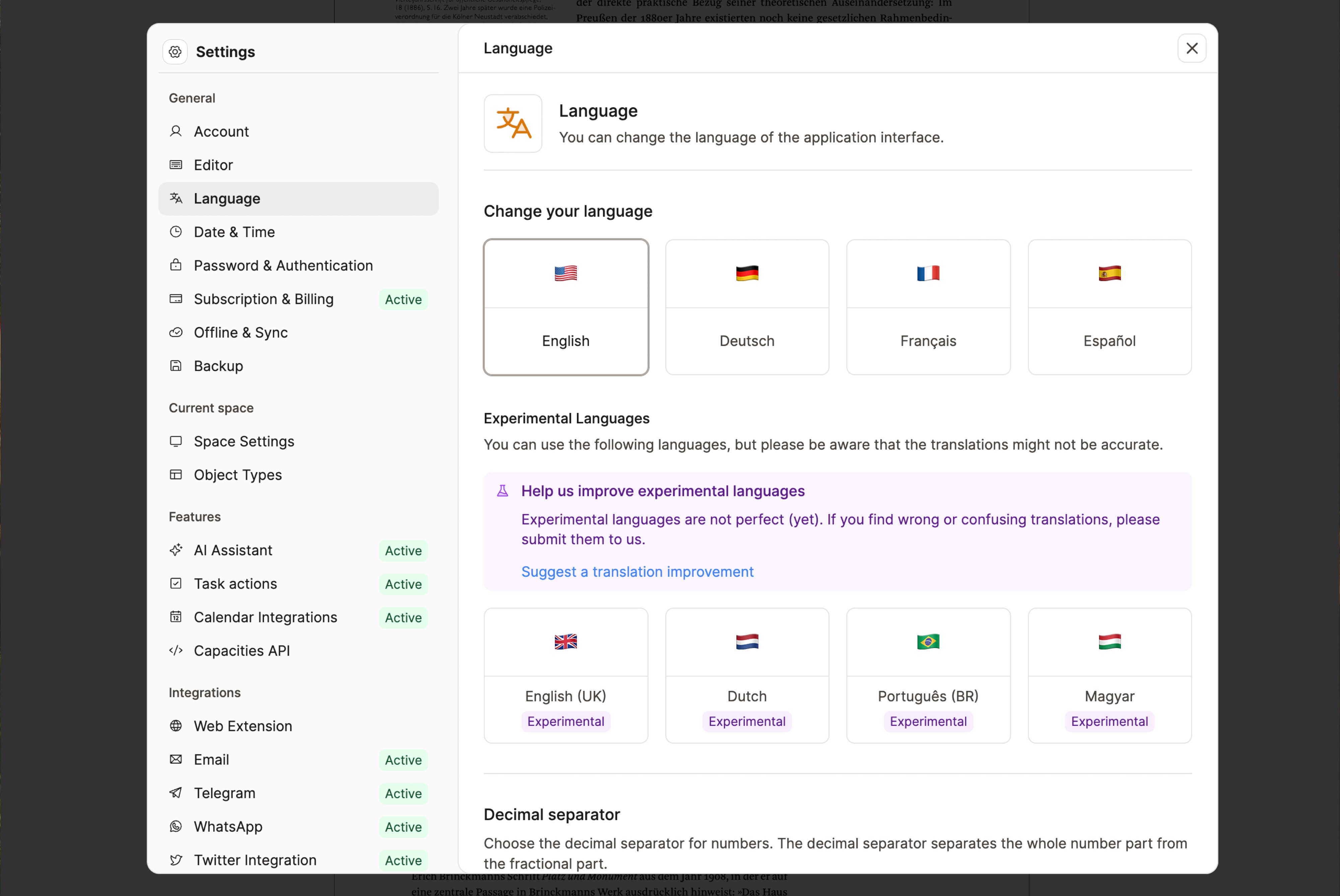 Settings for the new languages