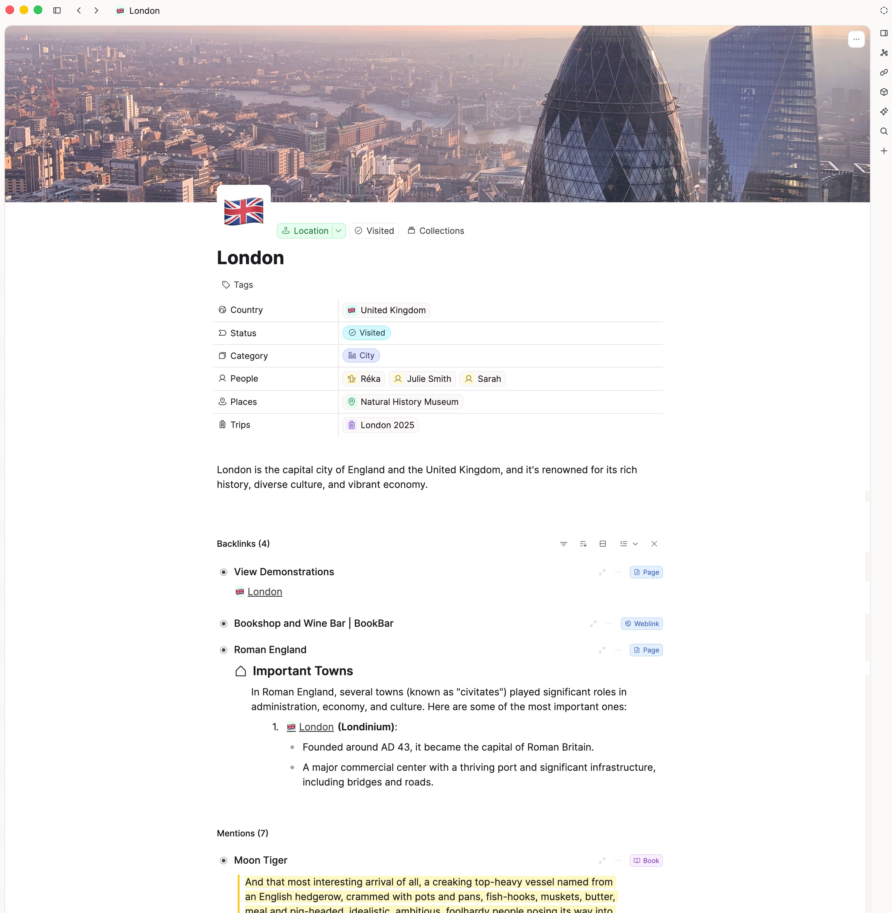 A London page with its backlinks and the notes that mention London without a link